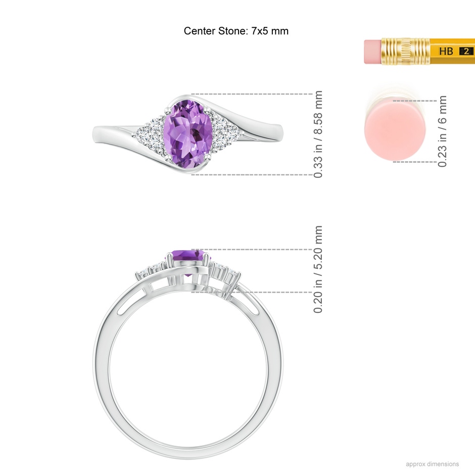 7x5mm A Oval Amethyst Bypass Ring with Trio Diamond Accents in White Gold ruler