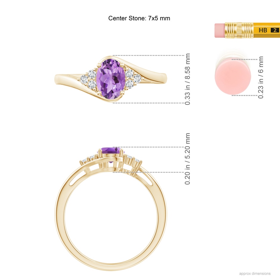 7x5mm A Oval Amethyst Bypass Ring with Trio Diamond Accents in Yellow Gold ruler