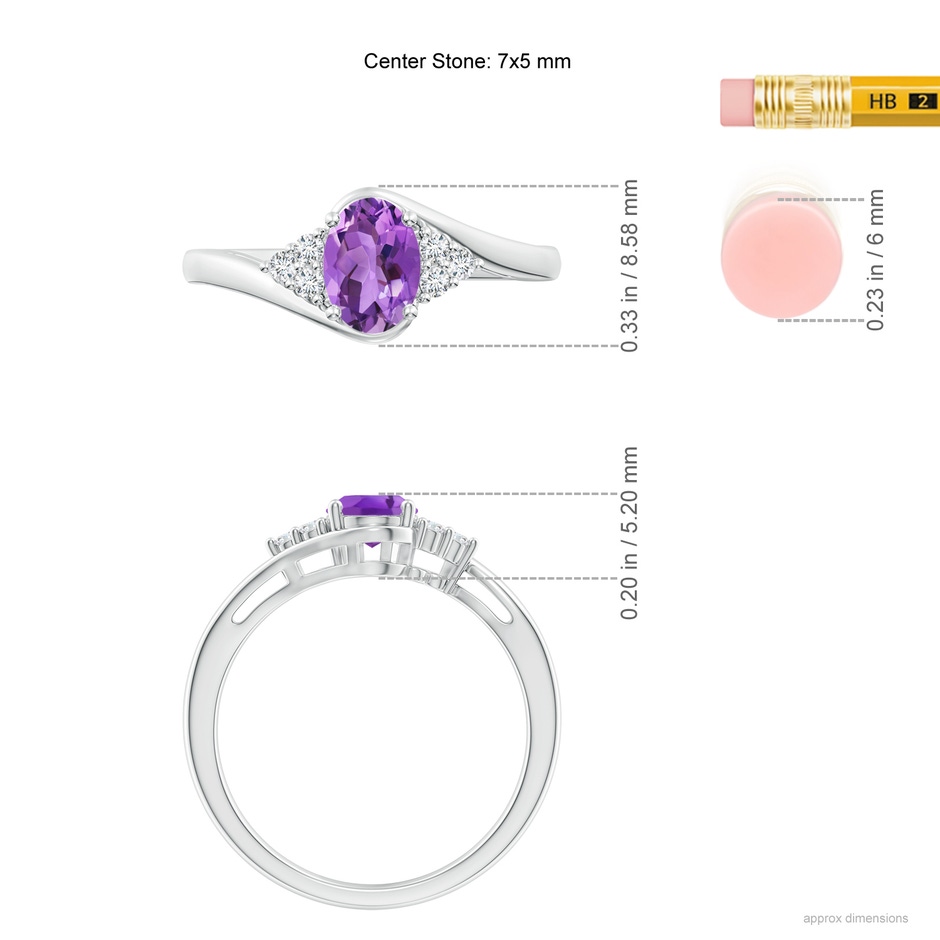 7x5mm AA Oval Amethyst Bypass Ring with Trio Diamond Accents in P950 Platinum ruler
