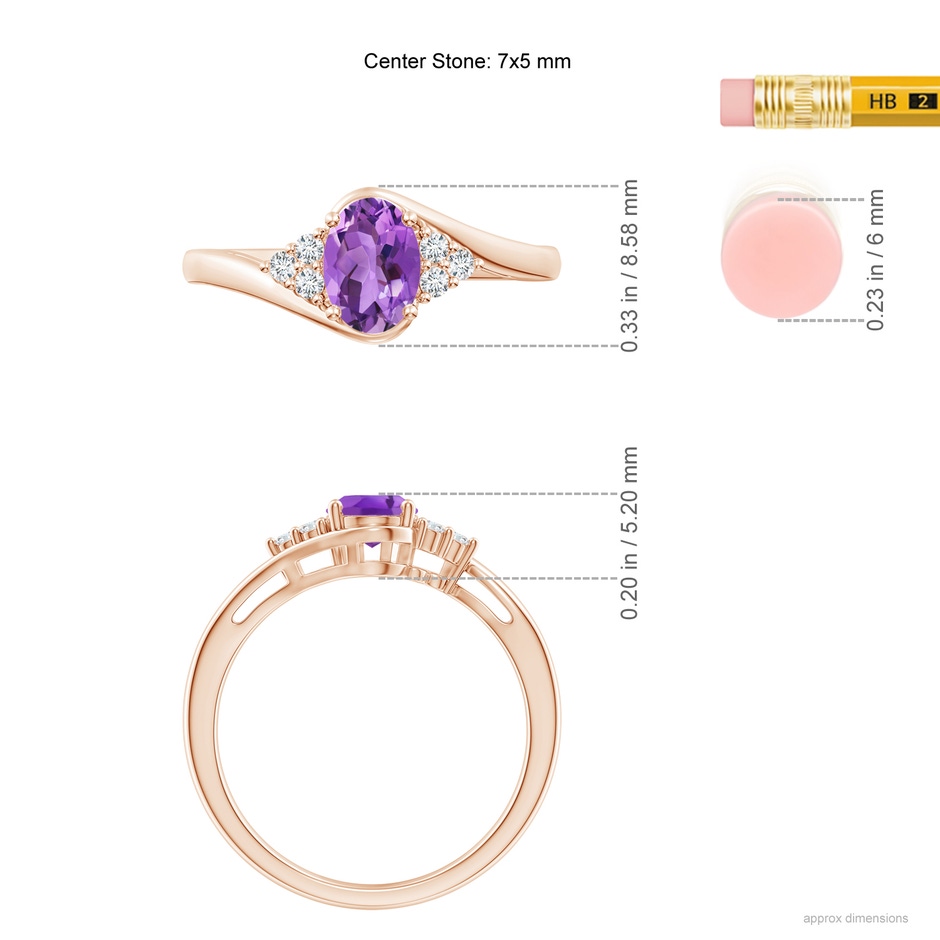 7x5mm AA Oval Amethyst Bypass Ring with Trio Diamond Accents in Rose Gold ruler