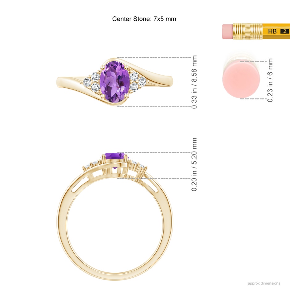 7x5mm AA Oval Amethyst Bypass Ring with Trio Diamond Accents in Yellow Gold ruler
