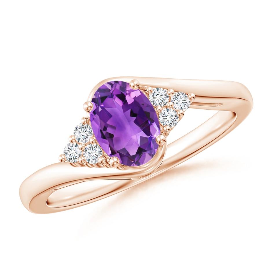 7x5mm AAA Oval Amethyst Bypass Ring with Trio Diamond Accents in Rose Gold 