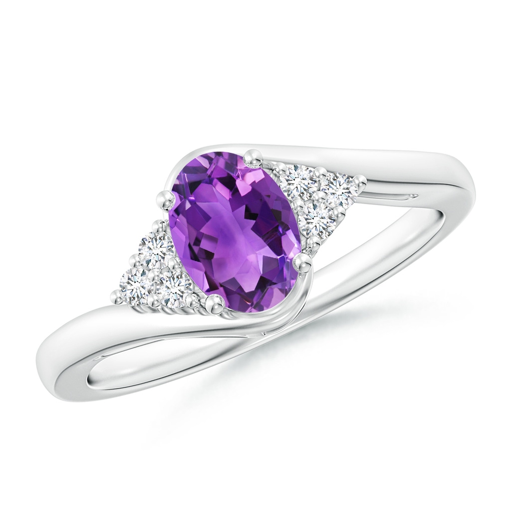 7x5mm AAA Oval Amethyst Bypass Ring with Trio Diamond Accents in White Gold