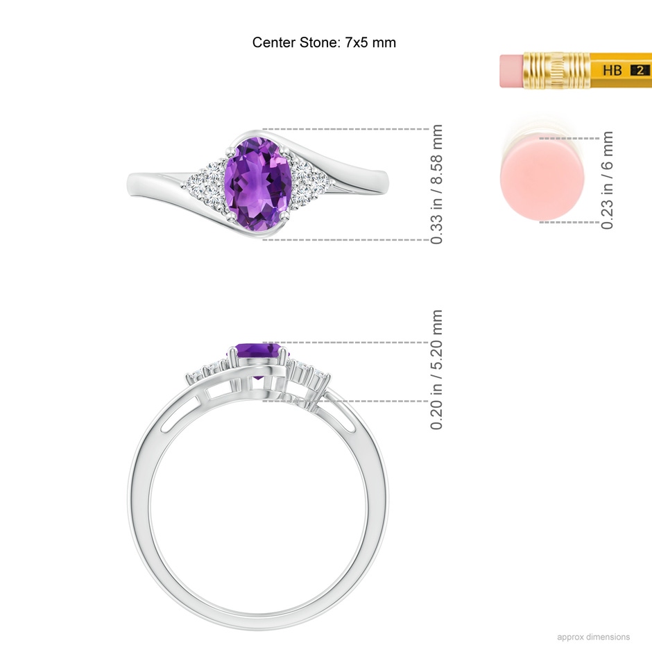 7x5mm AAA Oval Amethyst Bypass Ring with Trio Diamond Accents in White Gold ruler