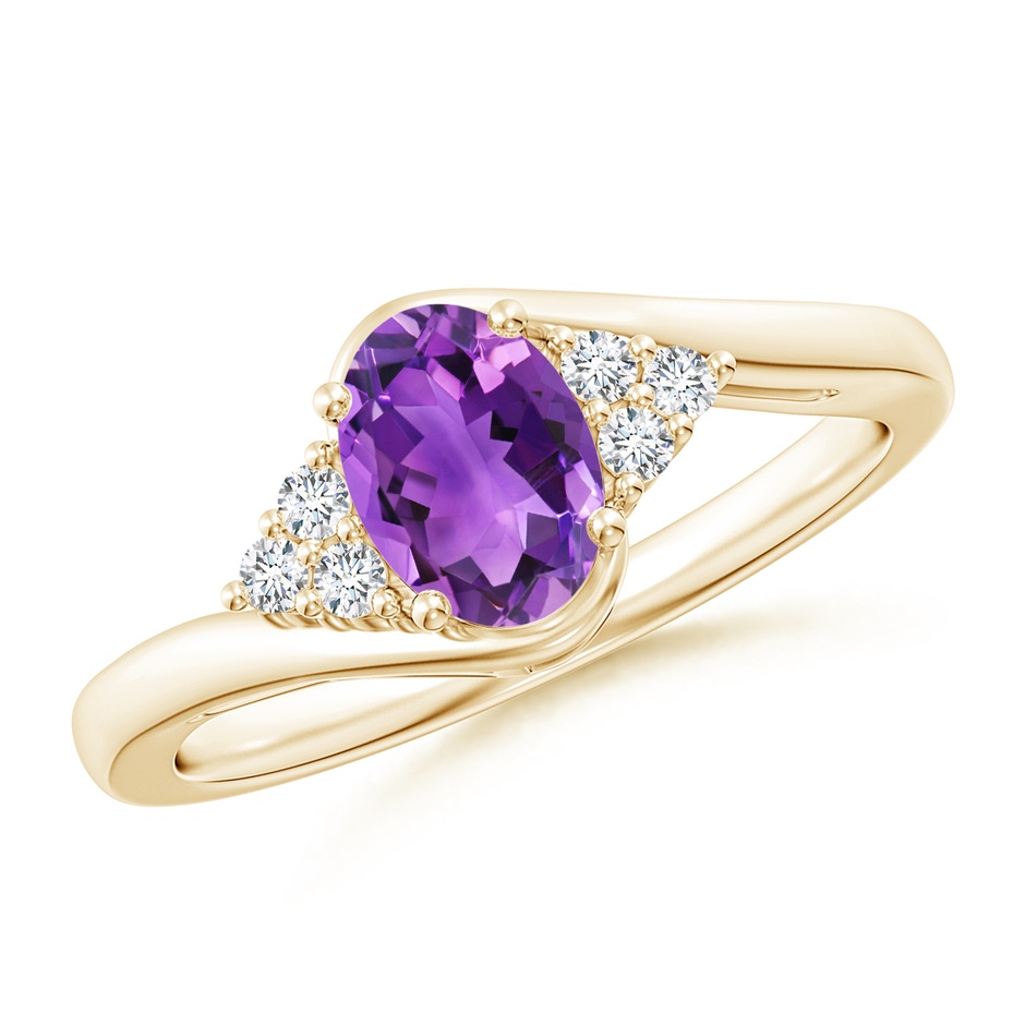 7x5mm AAA Oval Amethyst Bypass Ring with Trio Diamond Accents in Yellow Gold 