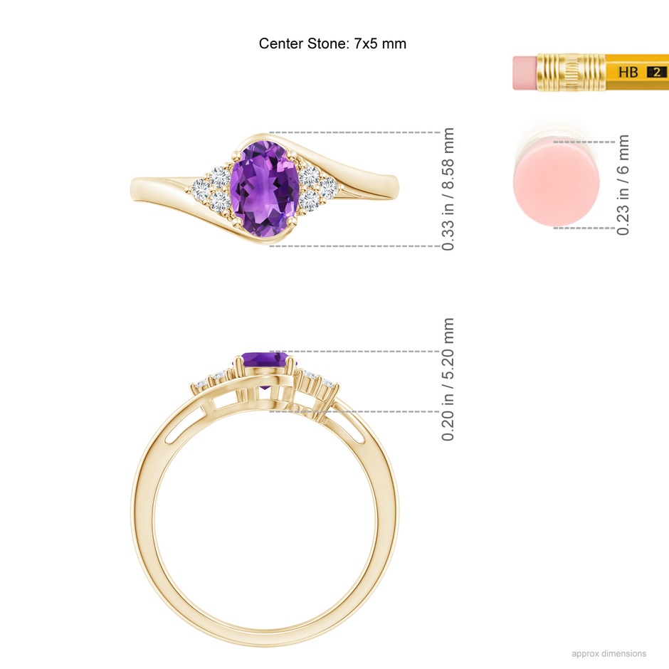 7x5mm AAA Oval Amethyst Bypass Ring with Trio Diamond Accents in Yellow Gold ruler