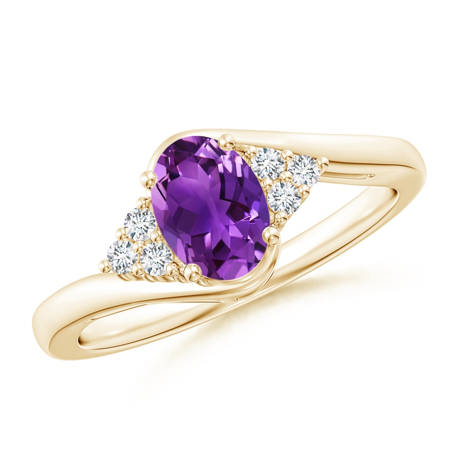 7x5mm AAAA Oval Amethyst Bypass Ring with Trio Diamond Accents in Yellow Gold 