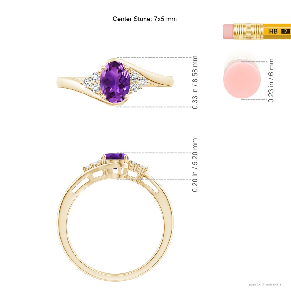 7x5mm AAAA Oval Amethyst Bypass Ring with Trio Diamond Accents in Yellow Gold ruler