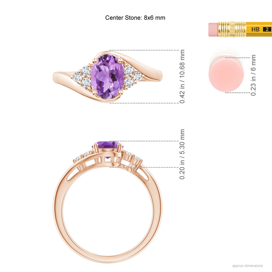8x6mm A Oval Amethyst Bypass Ring with Trio Diamond Accents in Rose Gold ruler