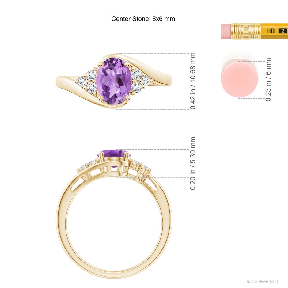 8x6mm A Oval Amethyst Bypass Ring with Trio Diamond Accents in Yellow Gold ruler