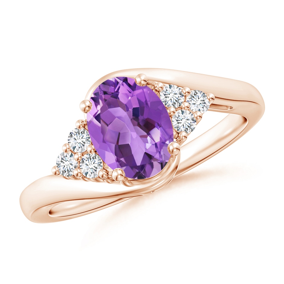 8x6mm AA Oval Amethyst Bypass Ring with Trio Diamond Accents in Rose Gold 