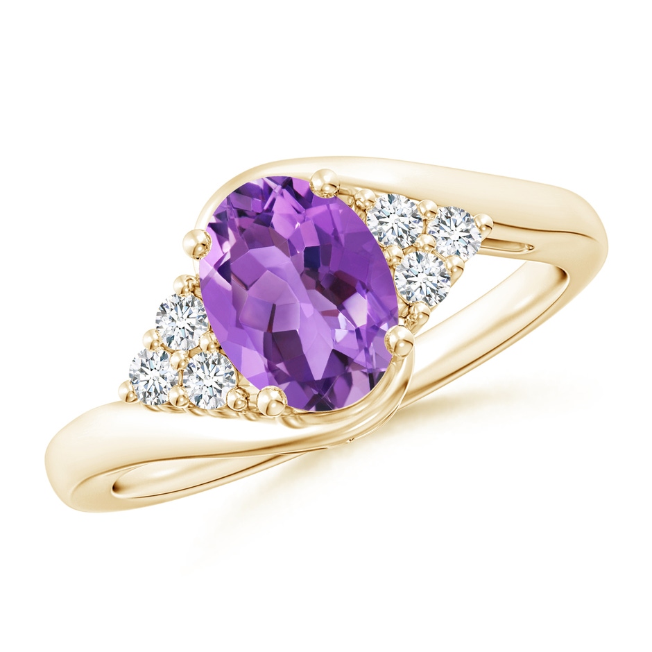 8x6mm AA Oval Amethyst Bypass Ring with Trio Diamond Accents in Yellow Gold 