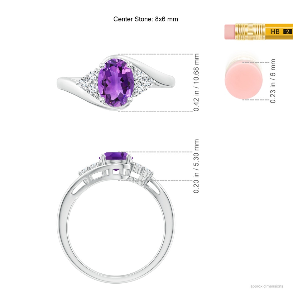 8x6mm AAA Oval Amethyst Bypass Ring with Trio Diamond Accents in P950 Platinum ruler