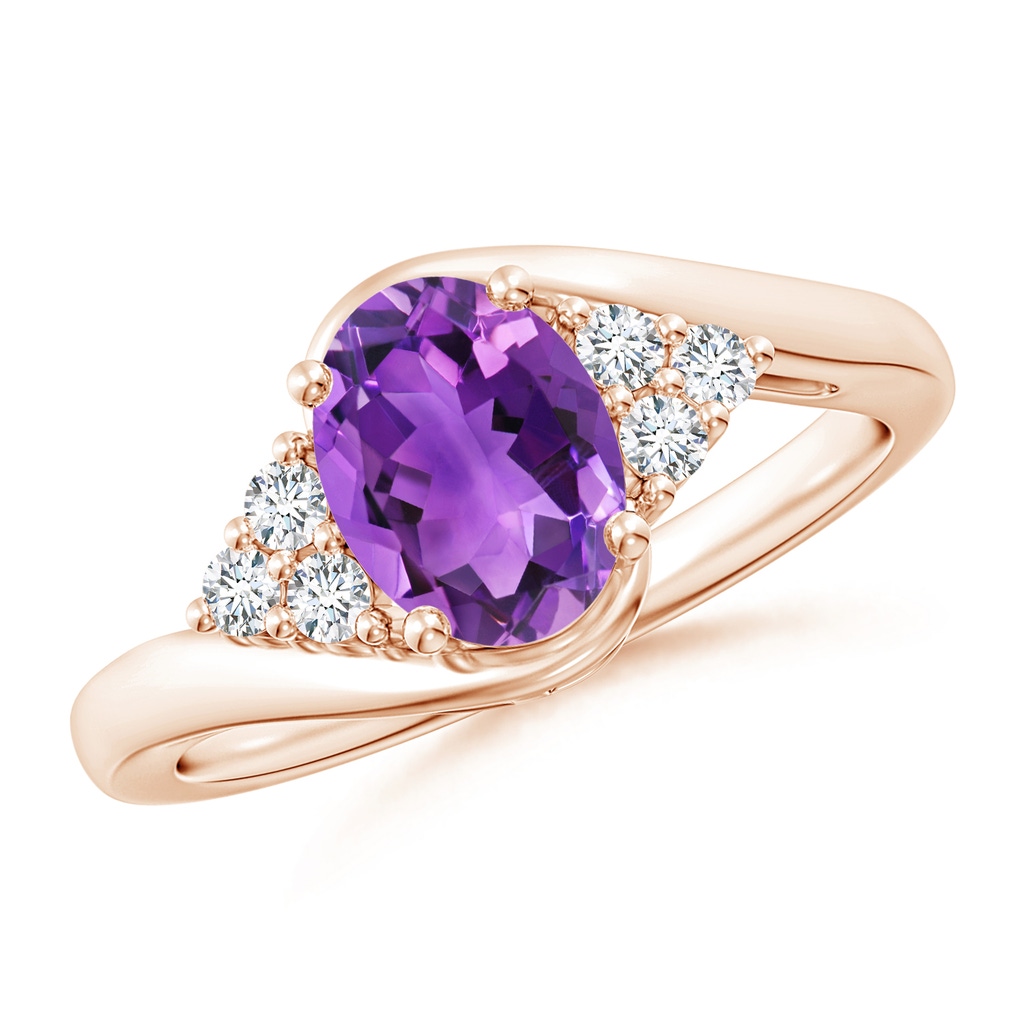 8x6mm AAA Oval Amethyst Bypass Ring with Trio Diamond Accents in Rose Gold 