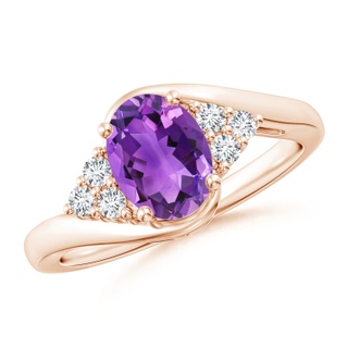 8x6mm AAA Oval Amethyst Bypass Ring with Trio Diamond Accents in Rose Gold
