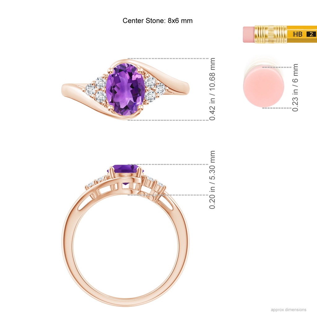 8x6mm AAA Oval Amethyst Bypass Ring with Trio Diamond Accents in Rose Gold Ruler