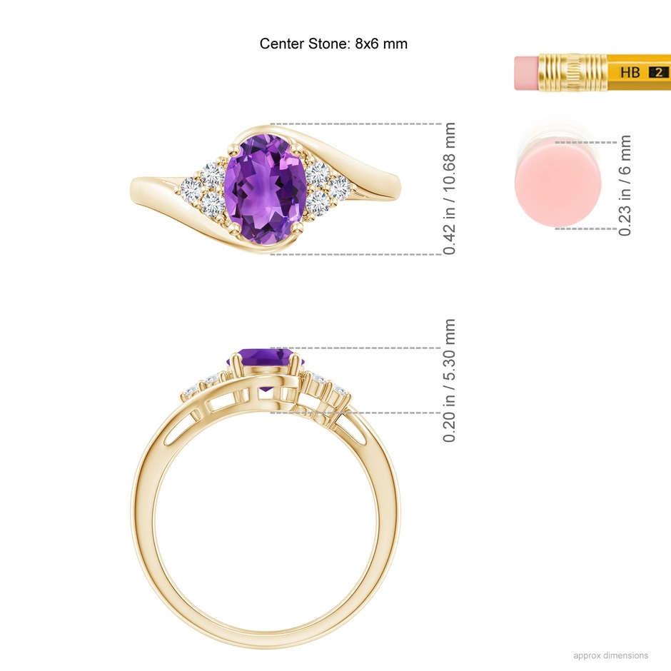 8x6mm AAA Oval Amethyst Bypass Ring with Trio Diamond Accents in Yellow Gold ruler