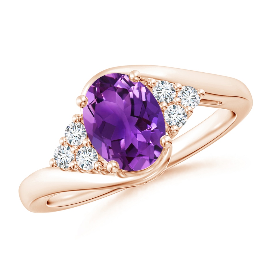 8x6mm AAAA Oval Amethyst Bypass Ring with Trio Diamond Accents in Rose Gold 