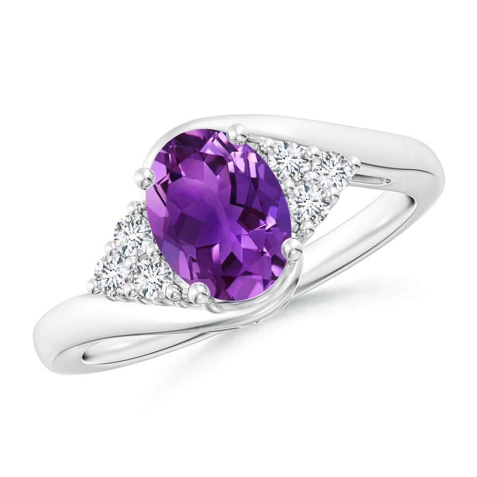 8x6mm AAAA Oval Amethyst Bypass Ring with Trio Diamond Accents in White Gold 