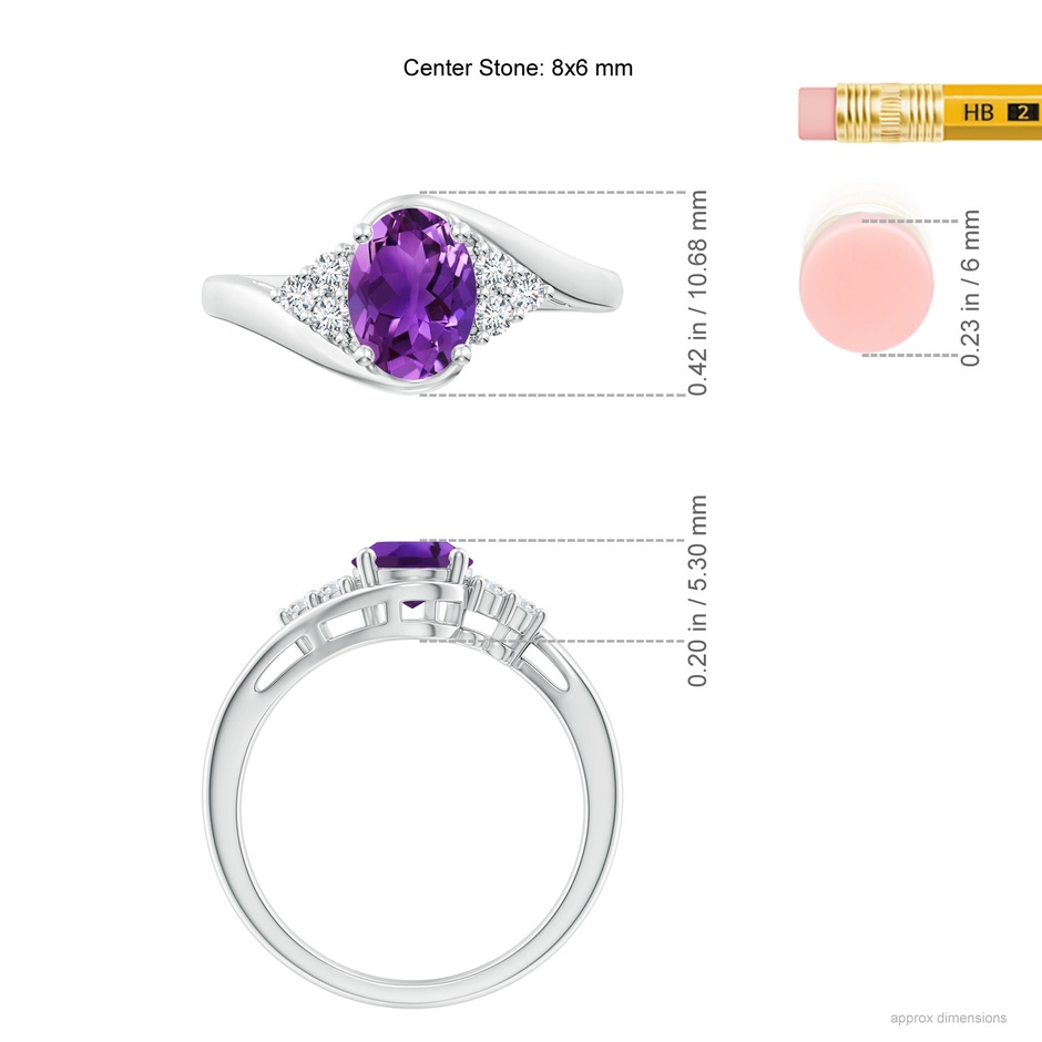 8x6mm AAAA Oval Amethyst Bypass Ring with Trio Diamond Accents in White Gold ruler