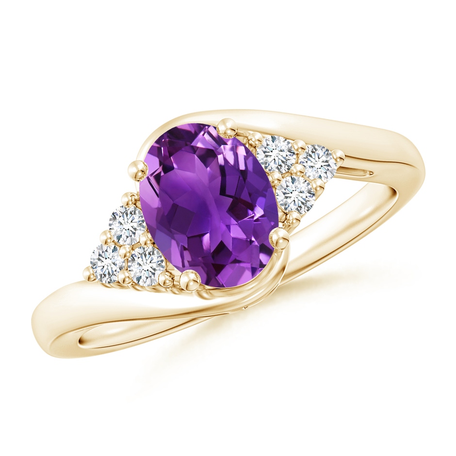 8x6mm AAAA Oval Amethyst Bypass Ring with Trio Diamond Accents in Yellow Gold 