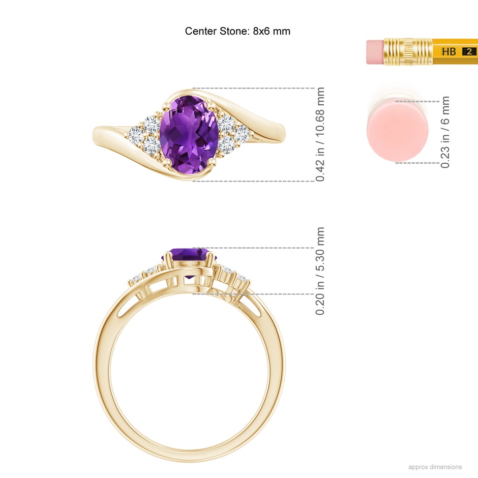 8x6mm AAAA Oval Amethyst Bypass Ring with Trio Diamond Accents in Yellow Gold ruler