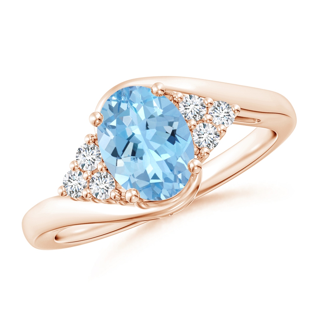 8x6mm AAAA Oval Aquamarine Bypass Ring with Trio Diamond Accents in Rose Gold