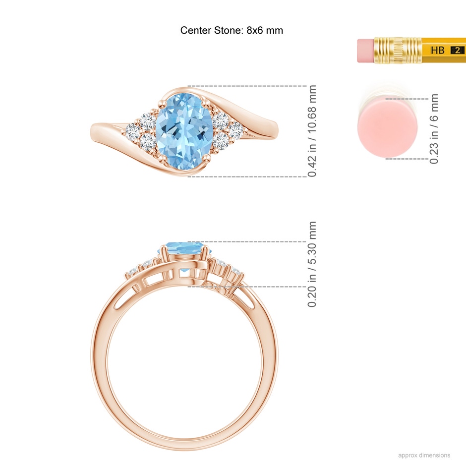 8x6mm AAAA Oval Aquamarine Bypass Ring with Trio Diamond Accents in Rose Gold ruler