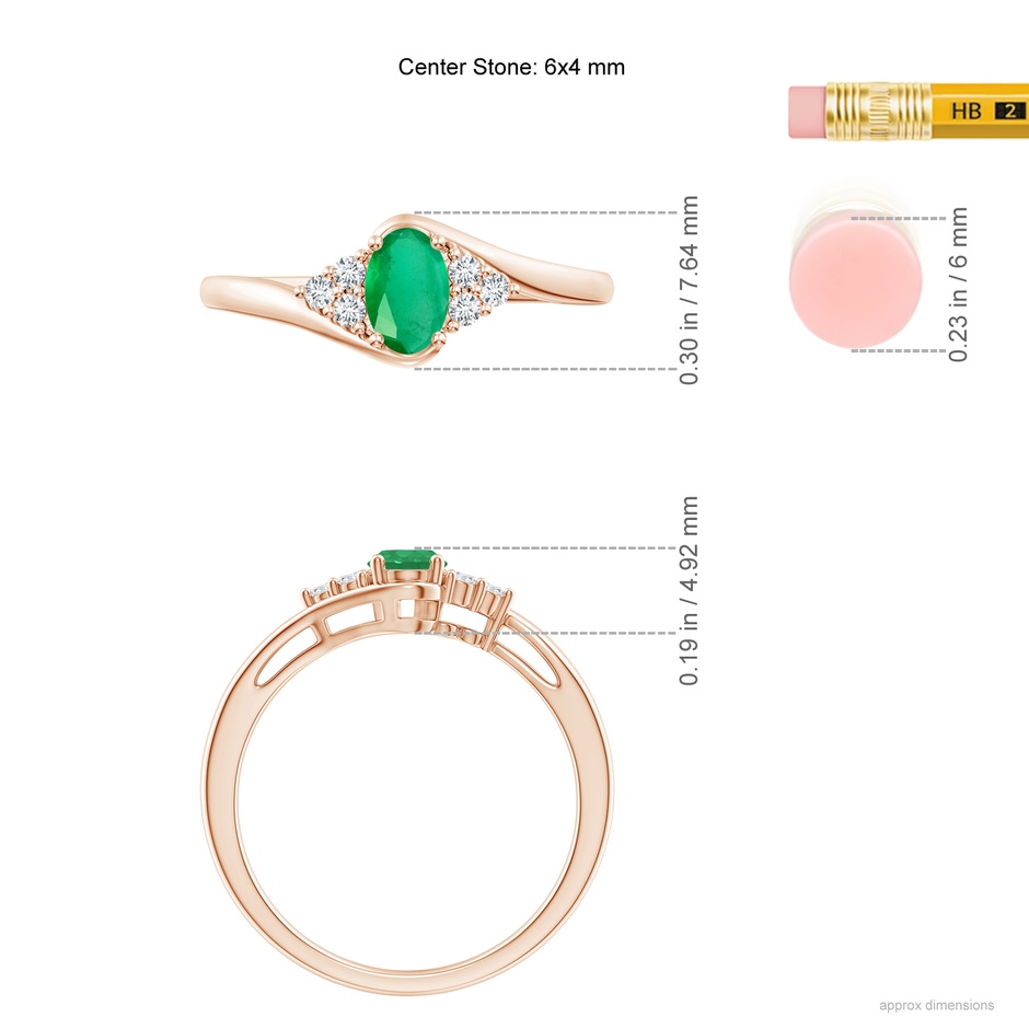 6x4mm A Oval Emerald Bypass Ring with Trio Diamond Accents in Rose Gold ruler