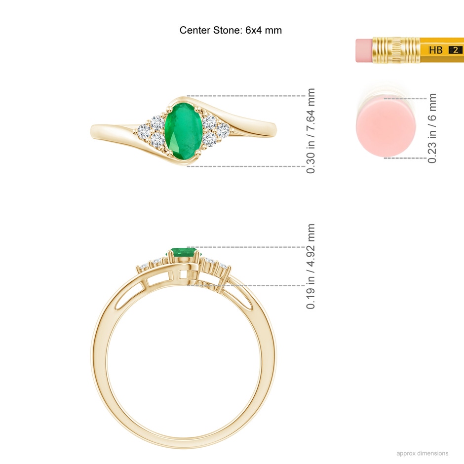 6x4mm A Oval Emerald Bypass Ring with Trio Diamond Accents in Yellow Gold ruler
