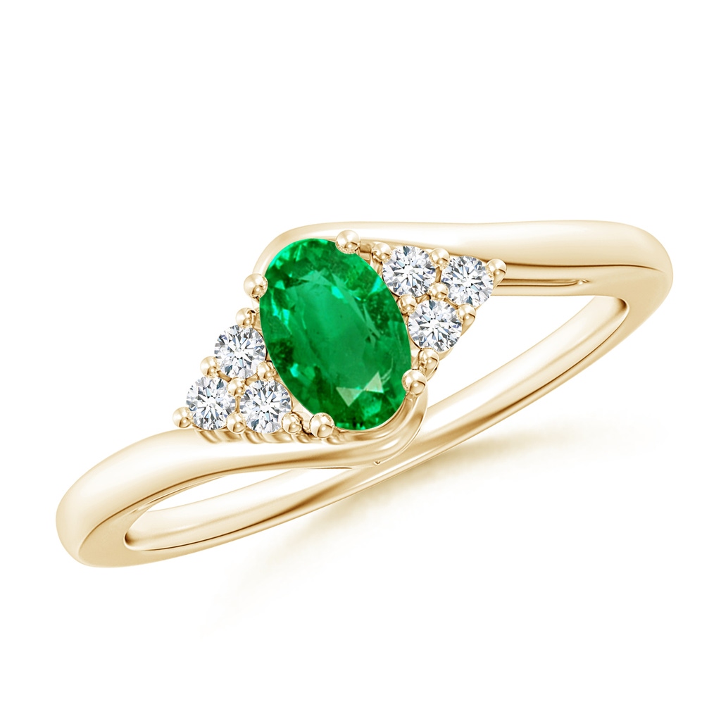 6x4mm AAA Oval Emerald Bypass Ring with Trio Diamond Accents in Yellow Gold