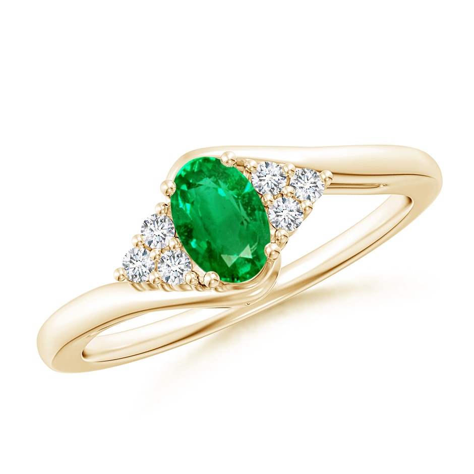 6x4mm AAA Oval Emerald Bypass Ring with Trio Diamond Accents in Yellow Gold 