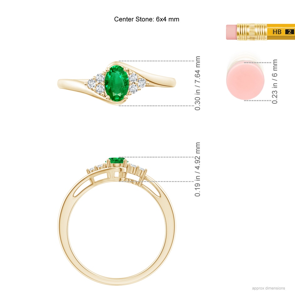 6x4mm AAA Oval Emerald Bypass Ring with Trio Diamond Accents in Yellow Gold ruler