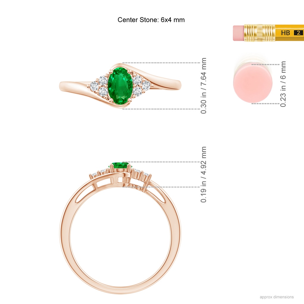 6x4mm AAAA Oval Emerald Bypass Ring with Trio Diamond Accents in Rose Gold Ruler