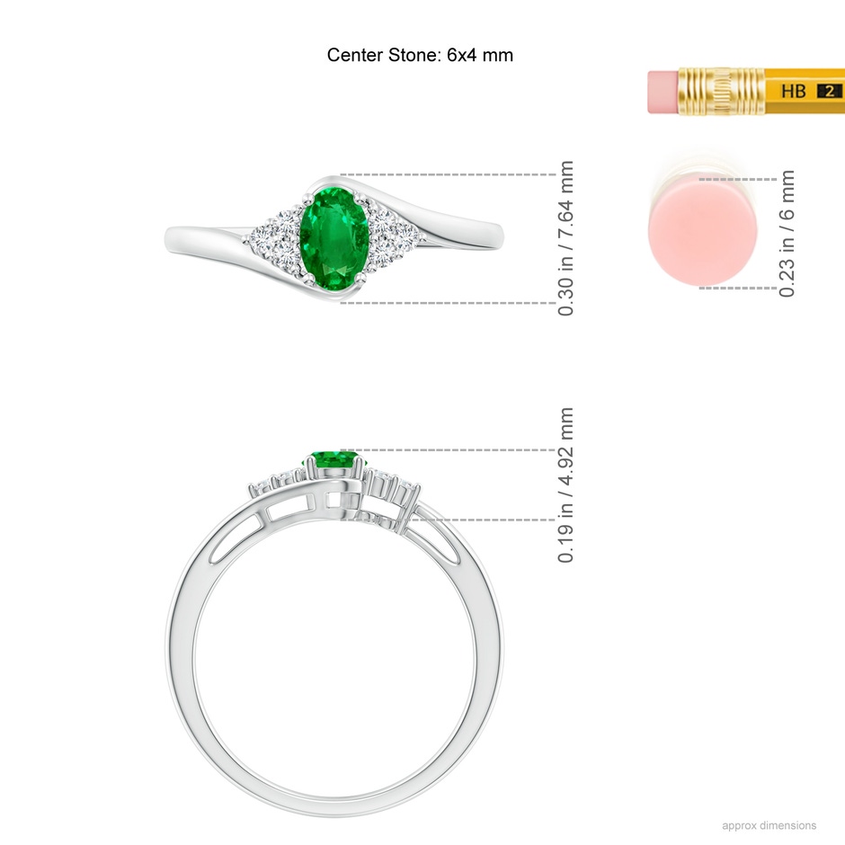 6x4mm AAAA Oval Emerald Bypass Ring with Trio Diamond Accents in White Gold ruler