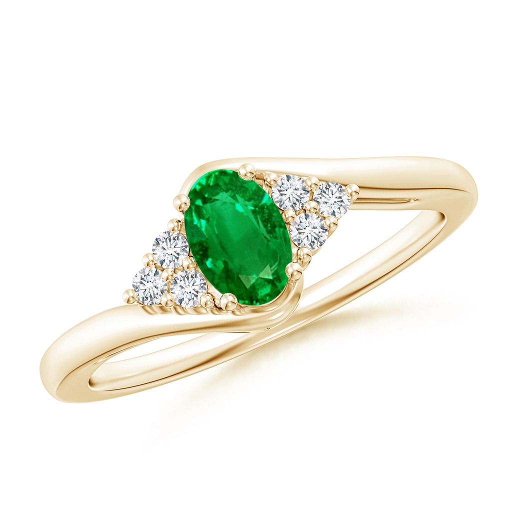 6x4mm AAAA Oval Emerald Bypass Ring with Trio Diamond Accents in Yellow Gold