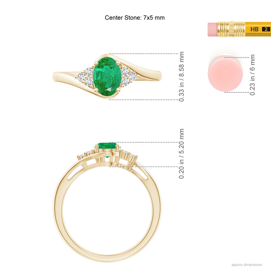 7x5mm AA Oval Emerald Bypass Ring with Trio Diamond Accents in Yellow Gold ruler