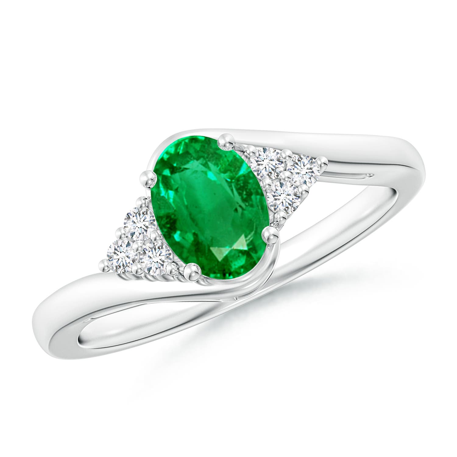 7x5mm AAA Oval Emerald Bypass Ring with Trio Diamond Accents in P950 Platinum