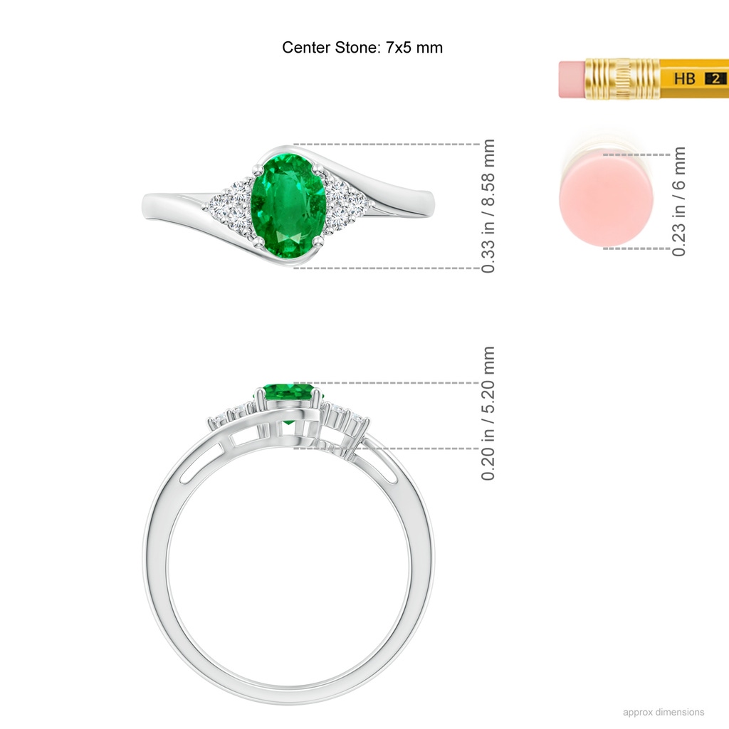 7x5mm AAA Oval Emerald Bypass Ring with Trio Diamond Accents in White Gold Ruler
