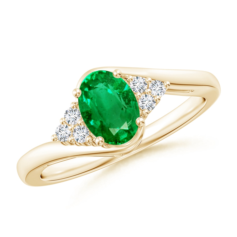 7x5mm AAA Oval Emerald Bypass Ring with Trio Diamond Accents in Yellow Gold 