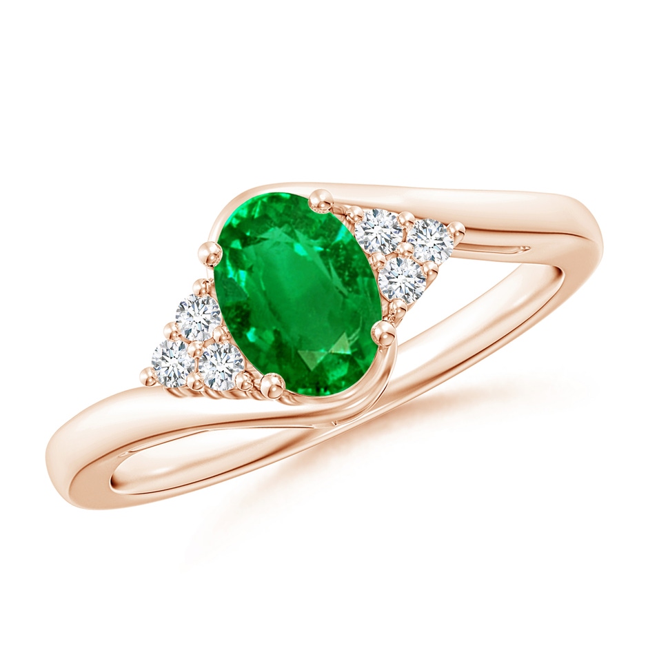 7x5mm AAAA Oval Emerald Bypass Ring with Trio Diamond Accents in Rose Gold 