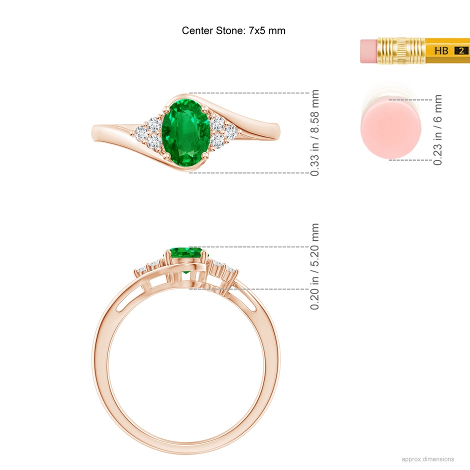 7x5mm AAAA Oval Emerald Bypass Ring with Trio Diamond Accents in Rose Gold ruler