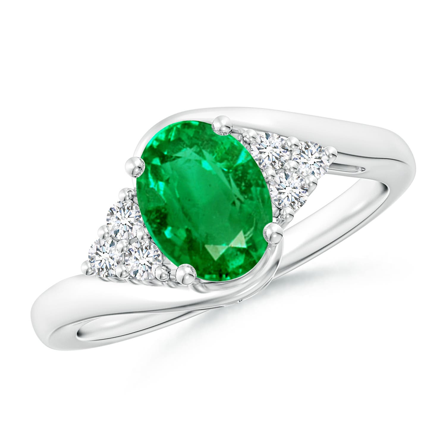 8x6mm AAA Oval Emerald Bypass Ring with Trio Diamond Accents in P950 Platinum
