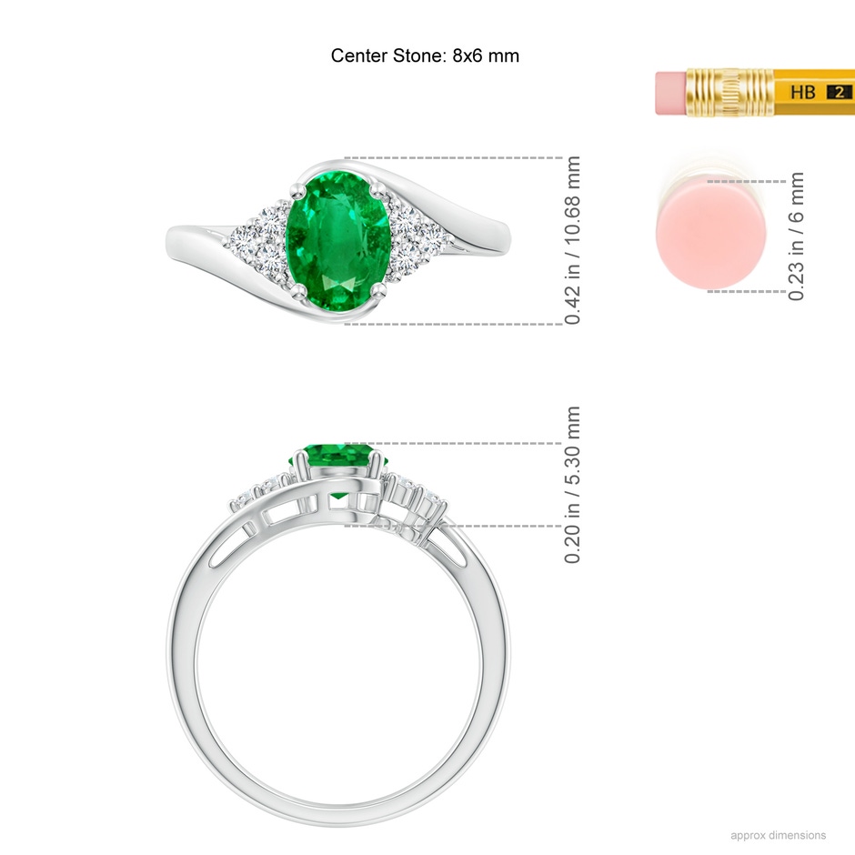 8x6mm AAA Oval Emerald Bypass Ring with Trio Diamond Accents in P950 Platinum ruler