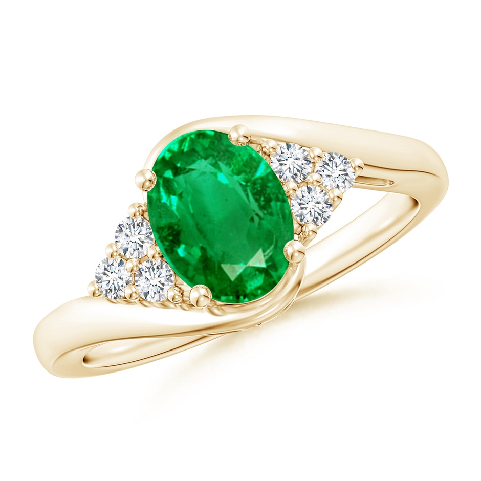 8x6mm AAA Oval Emerald Bypass Ring with Trio Diamond Accents in Yellow Gold 