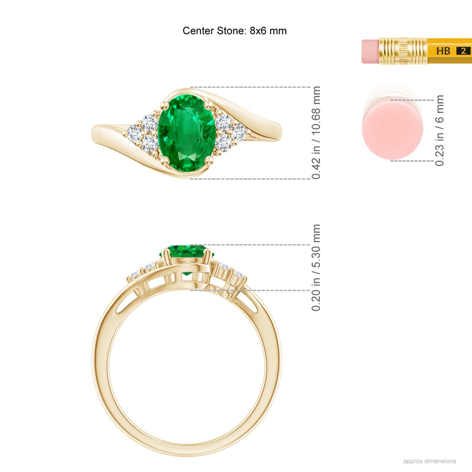 8x6mm AAA Oval Emerald Bypass Ring with Trio Diamond Accents in Yellow Gold ruler