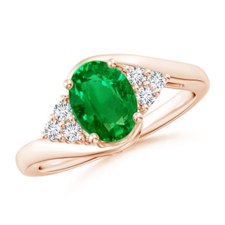 8x6mm AAAA Oval Emerald Bypass Ring with Trio Diamond Accents in 9K Rose Gold