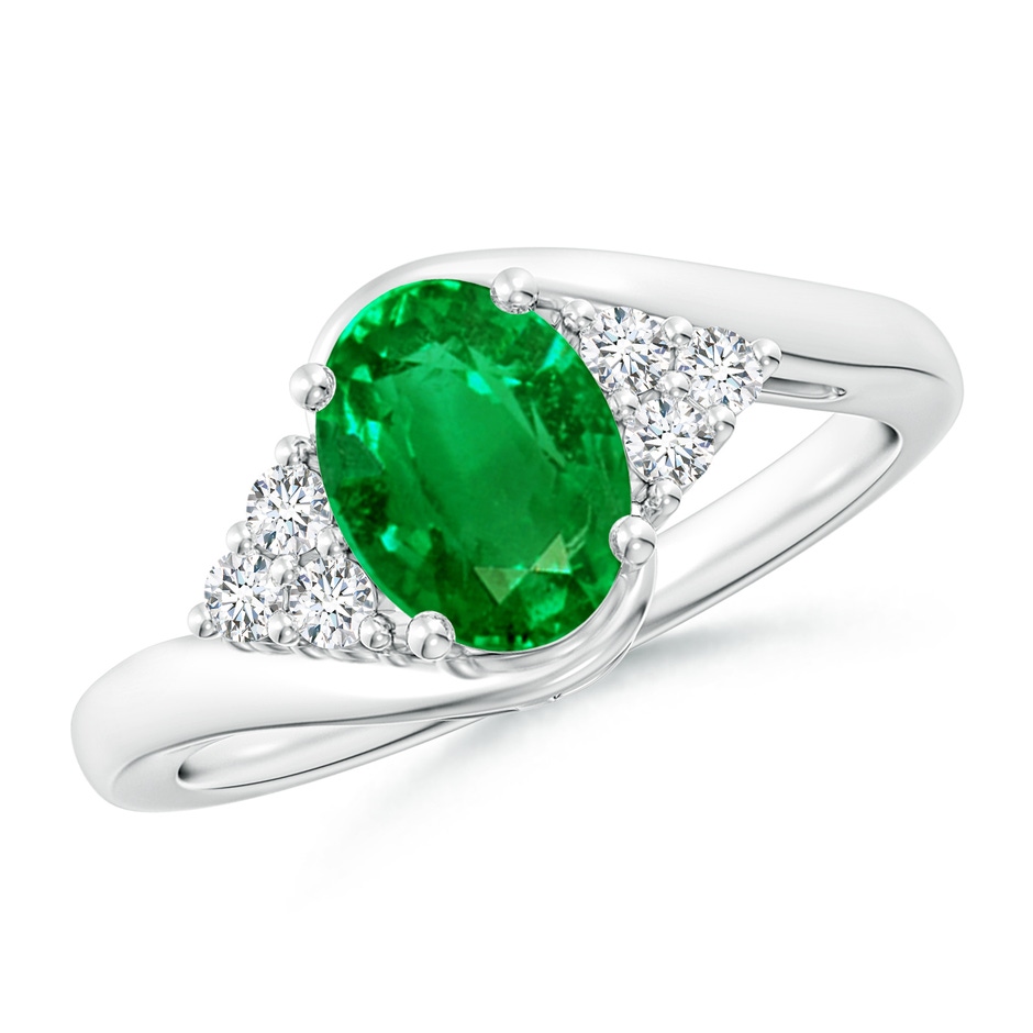 8x6mm AAAA Oval Emerald Bypass Ring with Trio Diamond Accents in P950 Platinum 