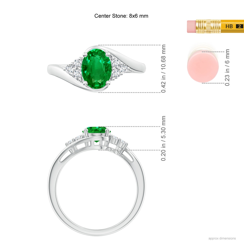 8x6mm AAAA Oval Emerald Bypass Ring with Trio Diamond Accents in P950 Platinum ruler