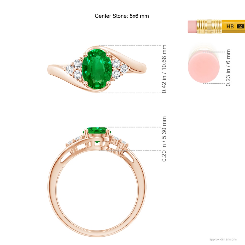 8x6mm AAAA Oval Emerald Bypass Ring with Trio Diamond Accents in Rose Gold Ruler